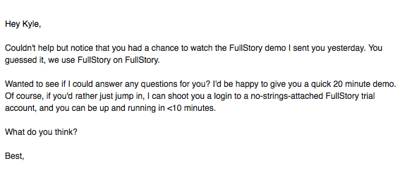 follow-up email from fullstory