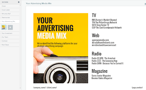 Advertising proposal template featuring a “Your Advertising Media Mix” page in place of an “Approach” page.