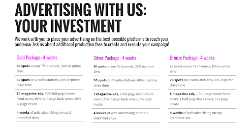 A pricing table in an advertising proposal template