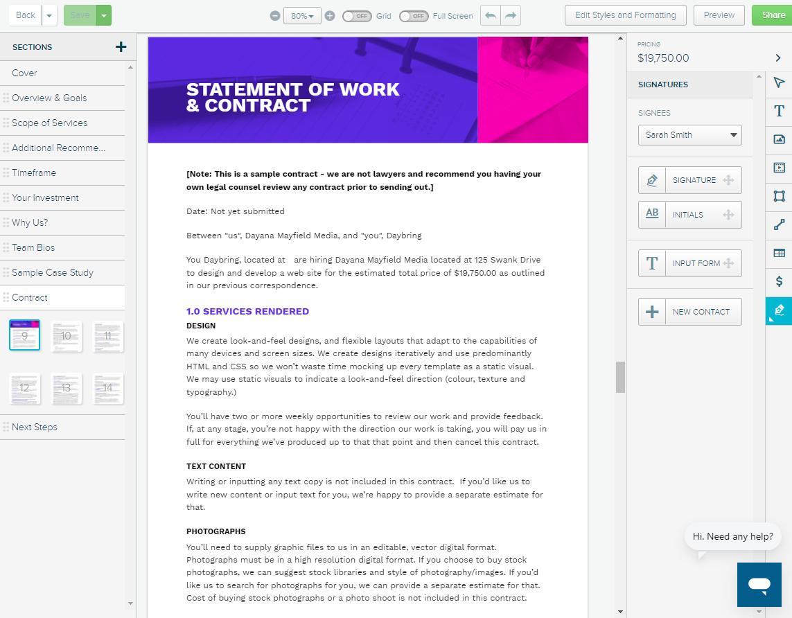 A proposal template with a 6-page contract included before the signature page.