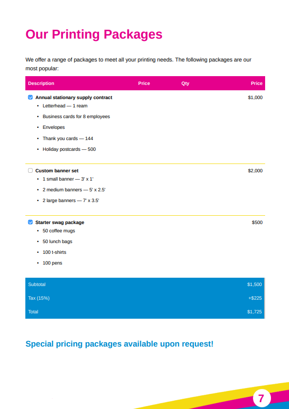 Interactive pricing example in a project proposal