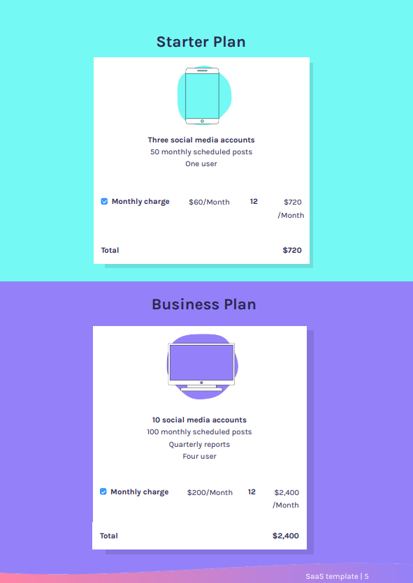 SaaS software proposal example showing pricing page