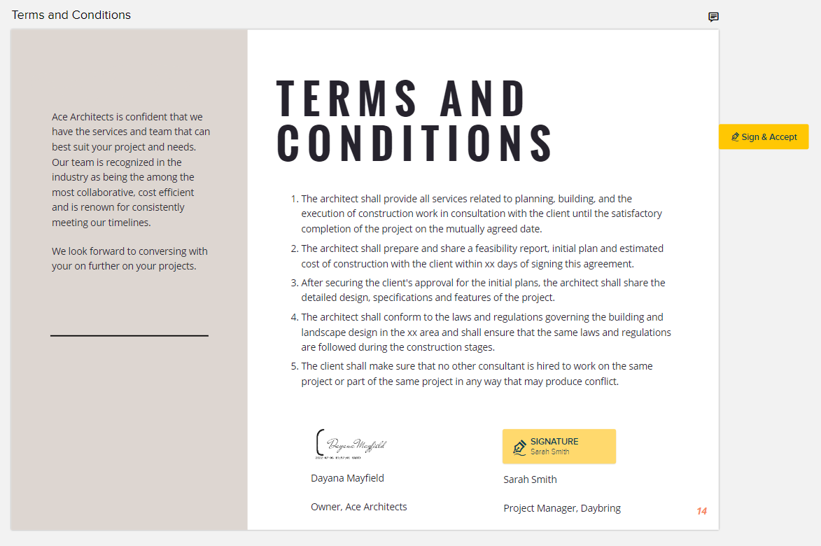 An example of how to add terms and conditions to your contract documents.