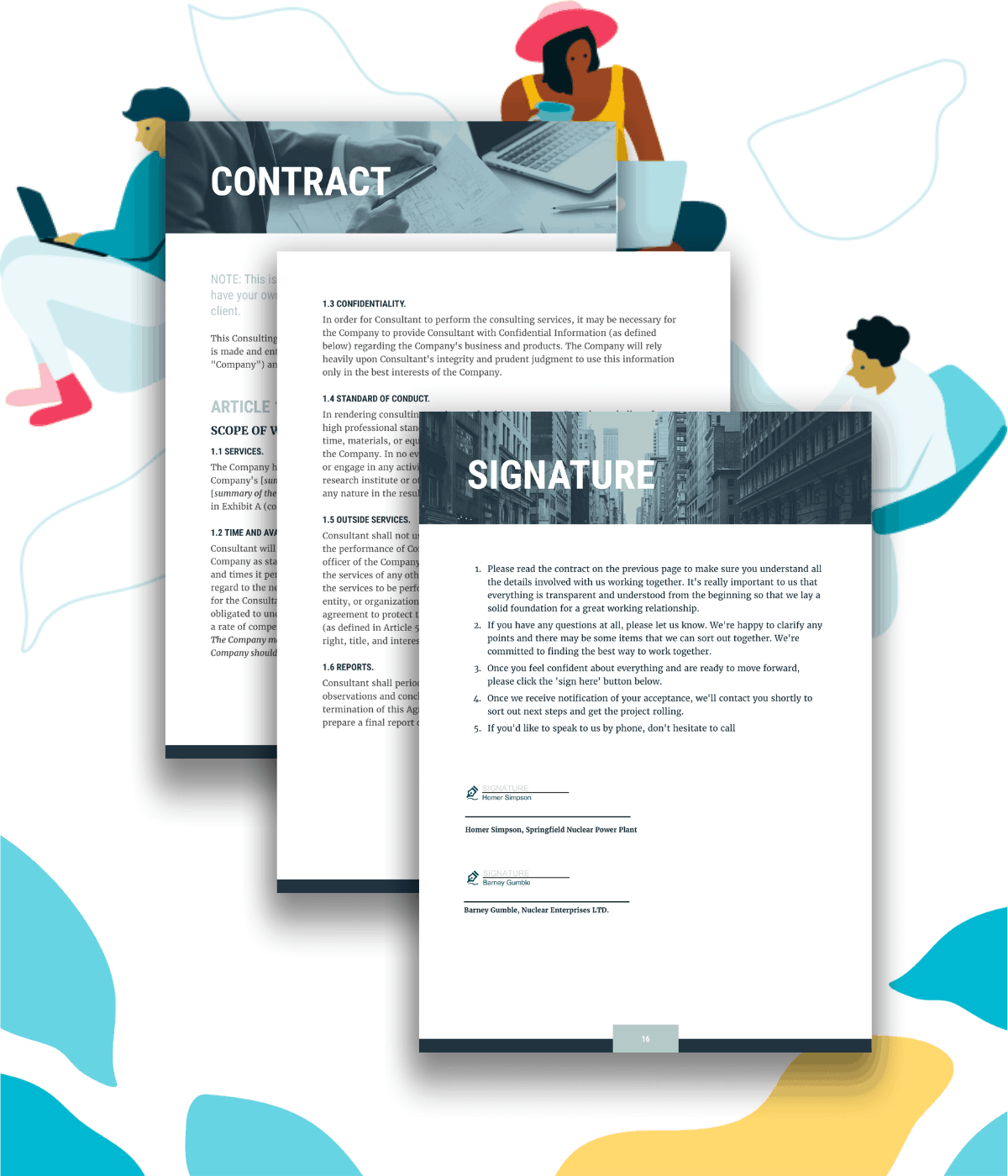 Example contract section and signature page for clients to esign a consulting proposal.