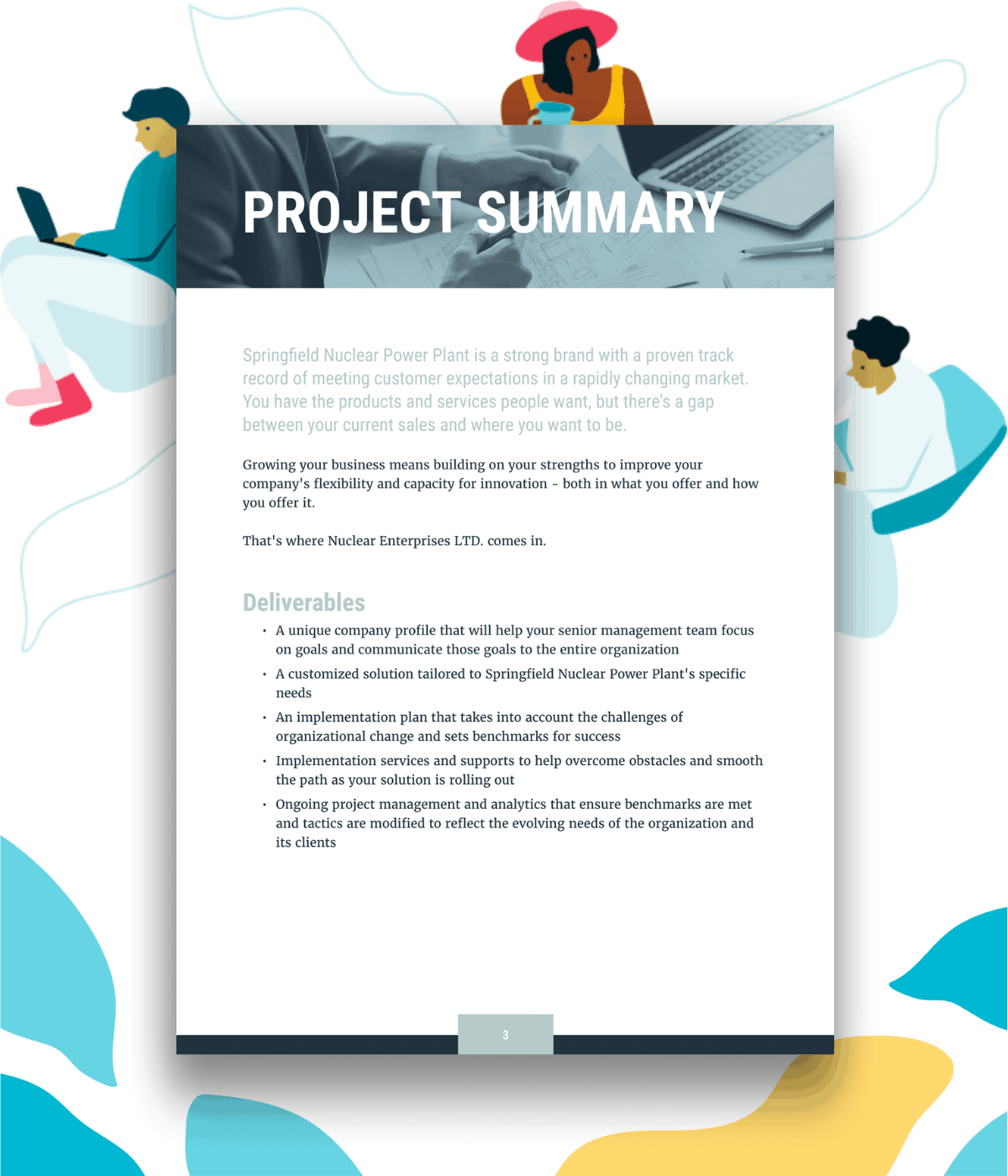 Project summary or project deliverables and timeline section of an example consulting proposal template.