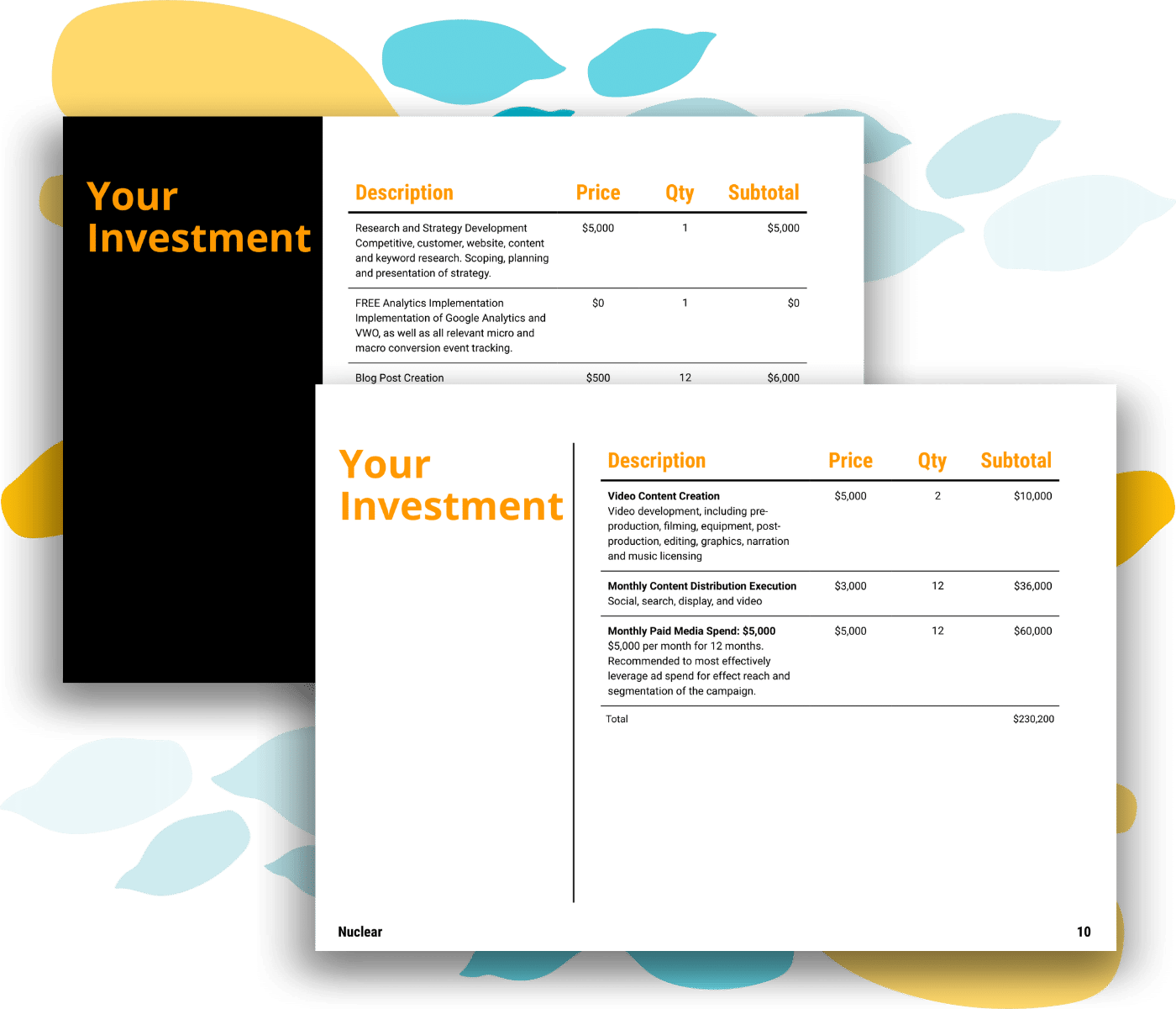 Digital marketing proposal template pricing/investment page