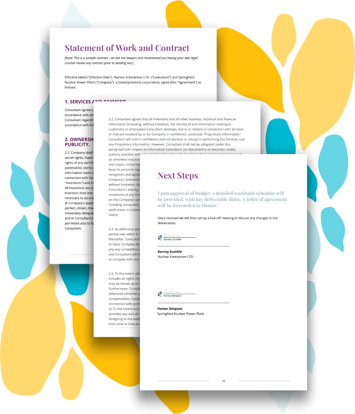 Example statement of work, contract, and signature page for a sample event proposal template.