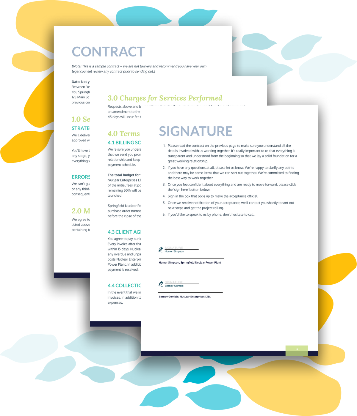 Sample contract and esignature sign-off page for a strategic marketing business proposal.