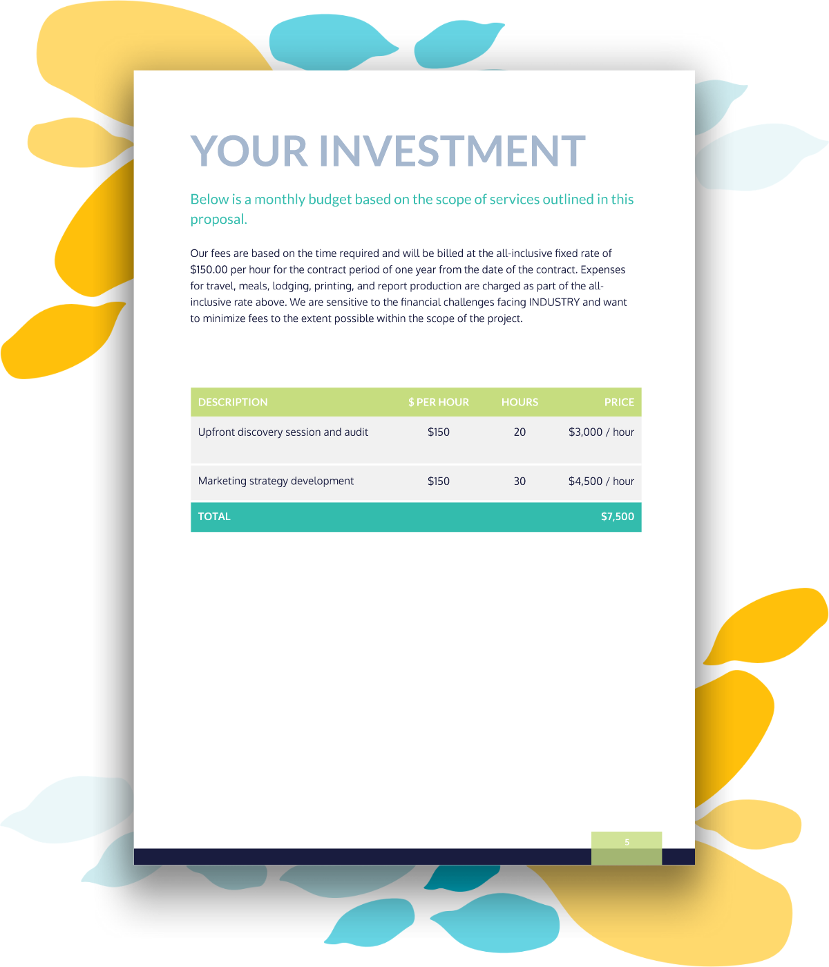 Sample pricing page for a marketing proposal.