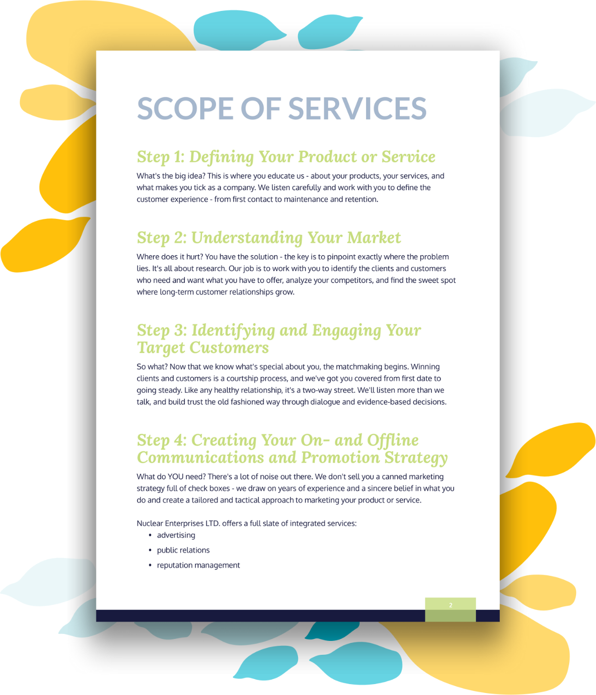 Example scope of services or project deliverables page for a strategic marketing proposal or quote.