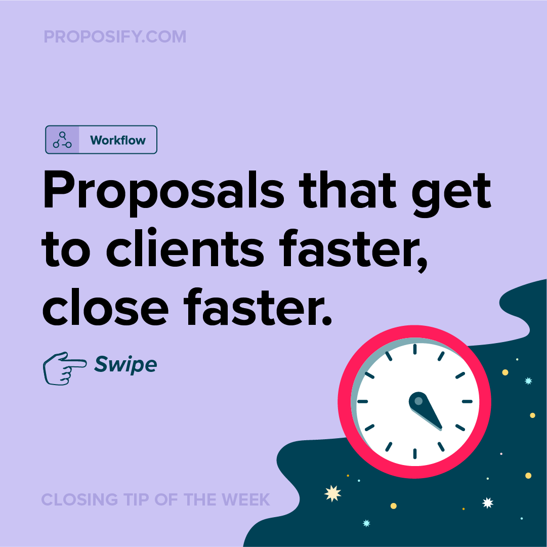 A clock is in the bottom with text above "Proposals that get to clients faster, close faster"