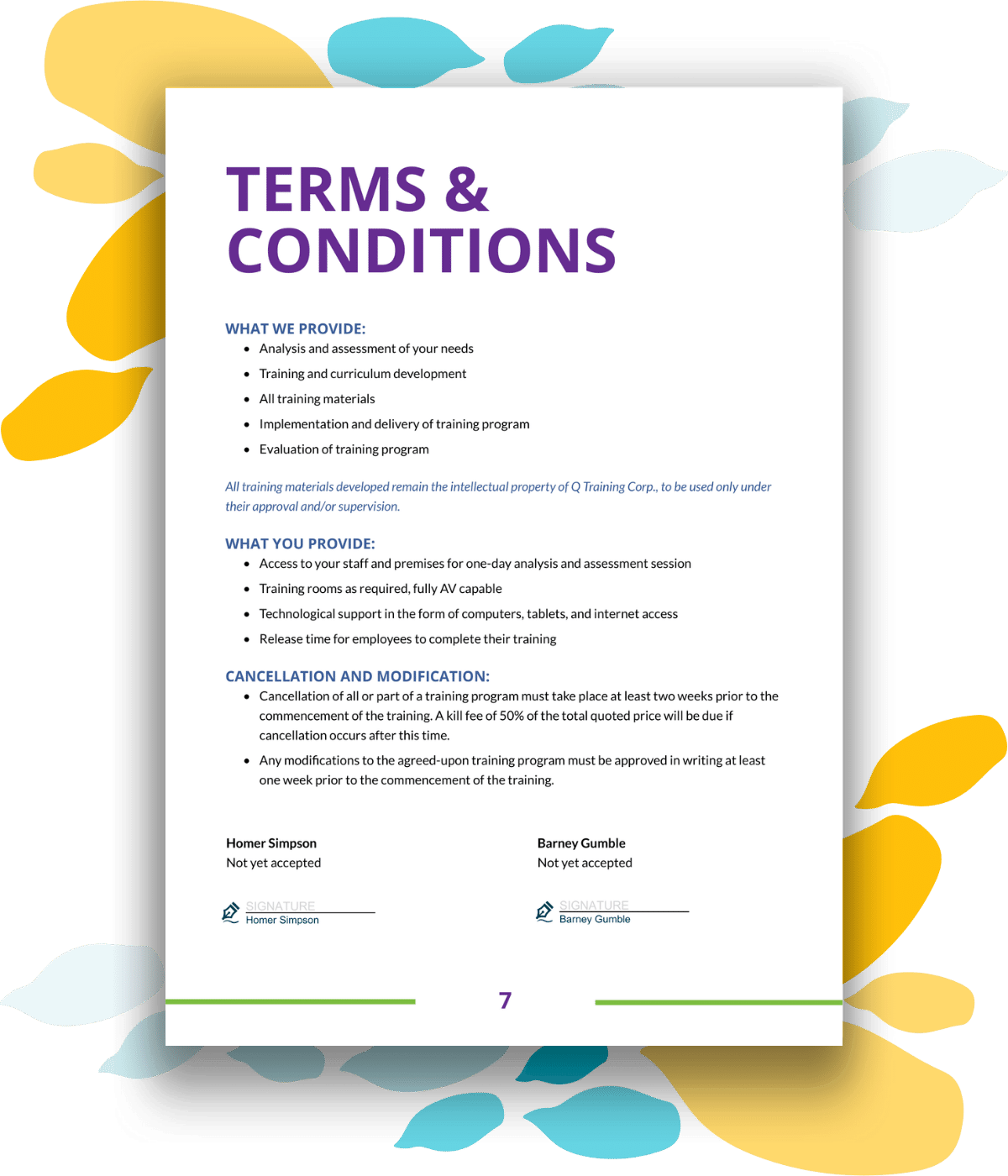 Training proposal template terms & conditions and sign off page