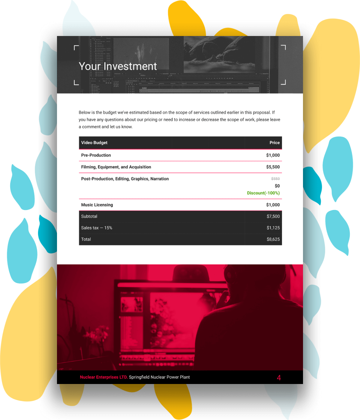 Example pricing page for a corporate video proposal template.