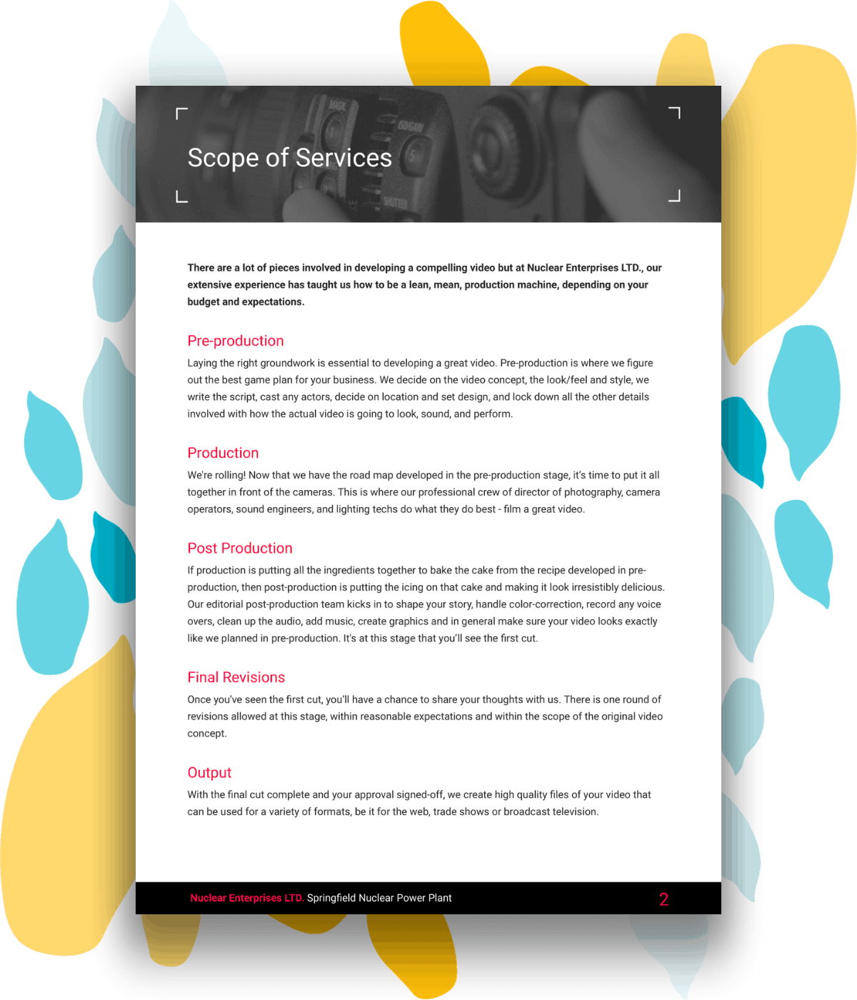 Sample scope of services page for a video production quote template.