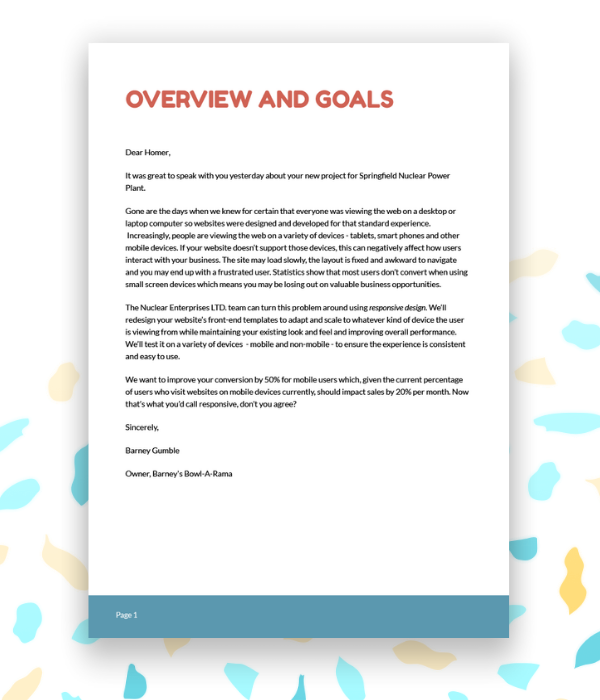 Example executive summary or cover letter for a web design proposal template.