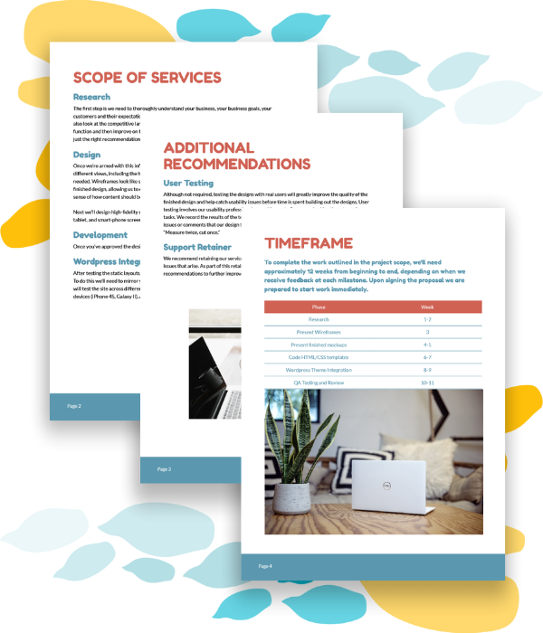 Example project deliverables and scope section of a web design proposal template.